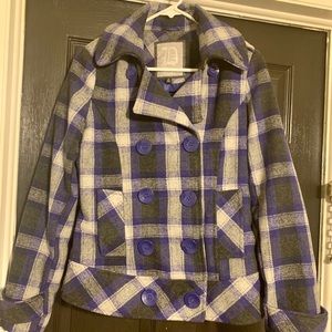 Blue, white & grey plaid double breasted pea coat
